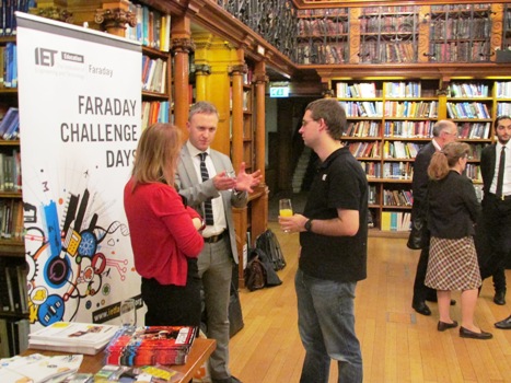 The IET's Head of 5-19 Gareth James talks to an IET STEM Ambassador and Susan Scurlock from Primary Engineer during the evening drinks reception held in the IMechE Library