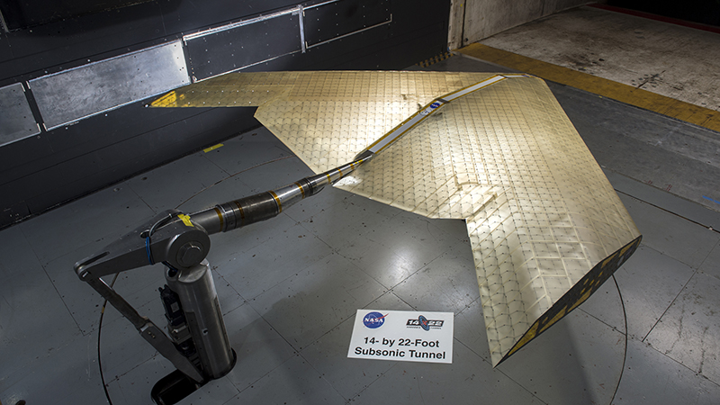 Wing assembly is seen under construction, assembled from hundreds of identical subunits. The wing was tested in a NASA wind tunnel (Credit:  Kenny Cheung, NASA Ames Research Centre)