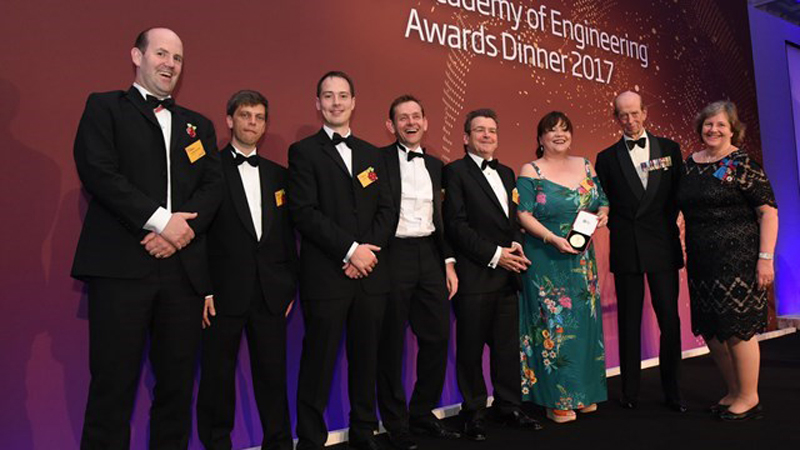 Previous winners the Raspberry Pi team with HRH The Duke of Kent and Professor Dame Ann Dowling DBE, president of RAEng (Credit: RAEng)