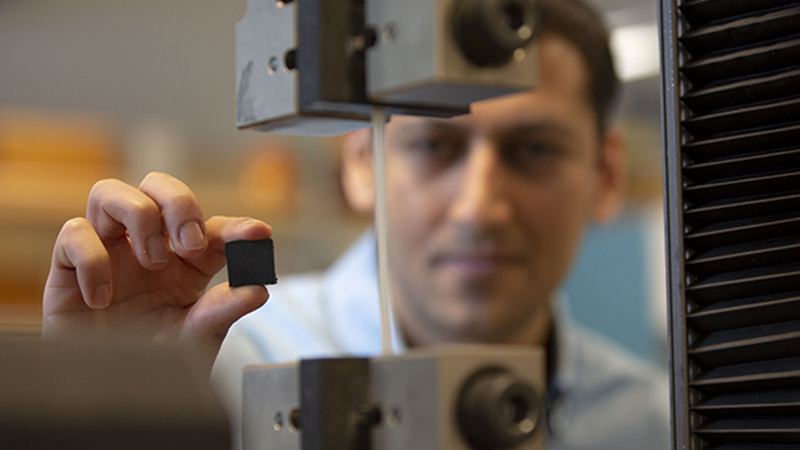 UBCO School of Engineering researcher Mohammad Arjmand examines the new polymer-based brake pad, which he says could revolutionise braking systems in cars and trains (Credit: UBC Okanagan)
