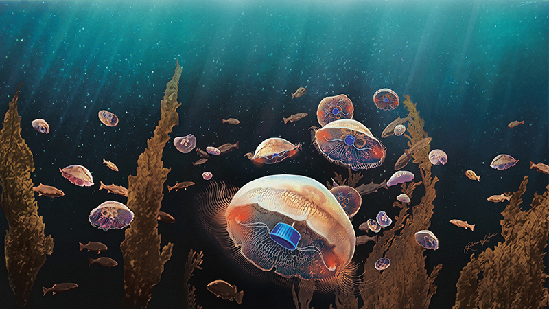 An artist's rendering of jellyfish augmented with the implant designed by Xu and Dabiri (Credit: Rebecca Konte/ Caltech)