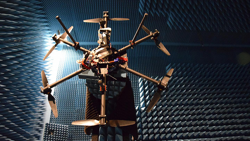 Measuring a drone's Radar Cross Section in Aalto University's anechoic chamber (Credit: Vasilii Semkin)
