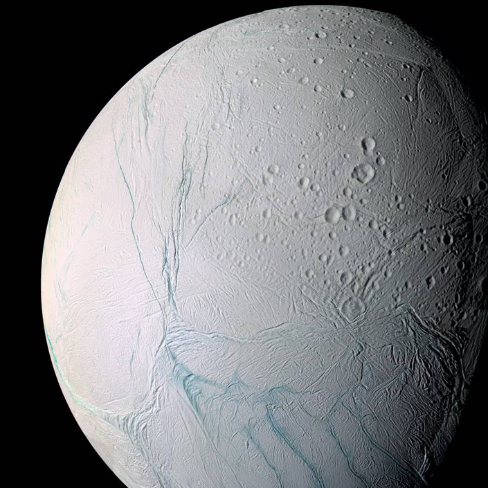 (Cassini view of southern latitudes on Enceladus. Credit: NASA)