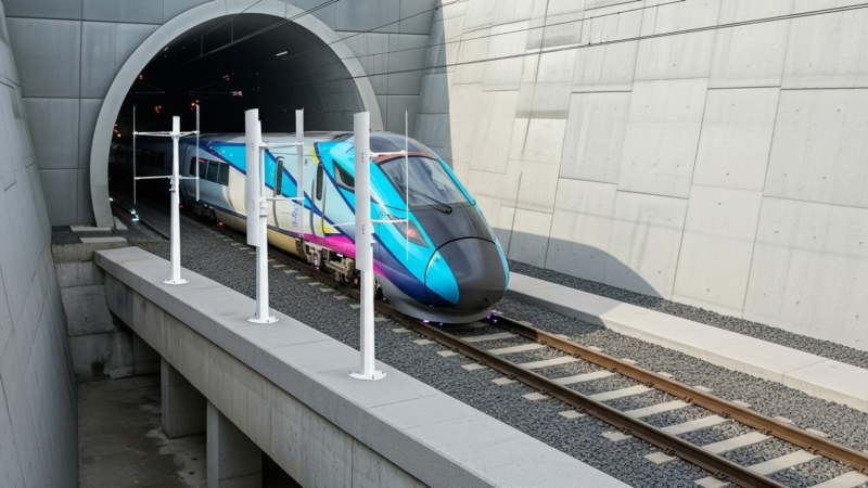 An illustration of a trackside wind turbine installation