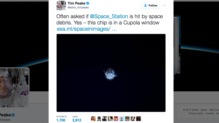 A chip in an ISS window, photographed by British astronaut Tim Peake
