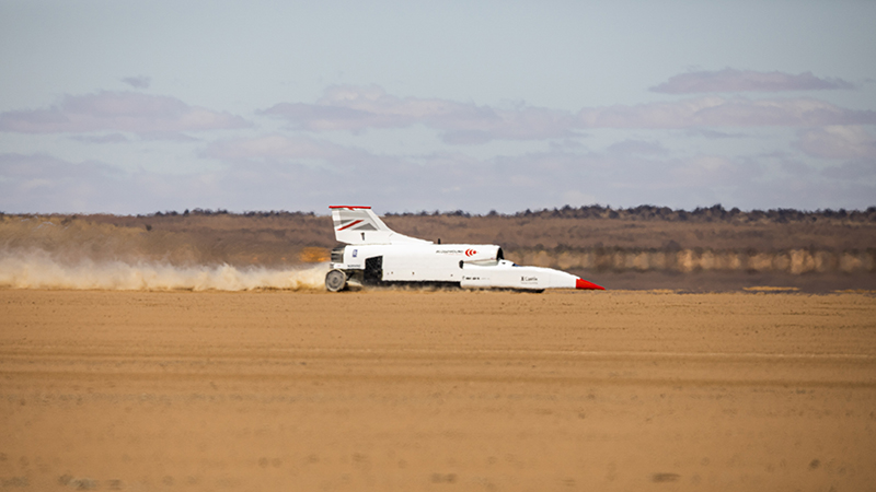 The Bloodhound land speed record car undergoes high-speed testing in the South African desert (Credit: Charlie Sperring)