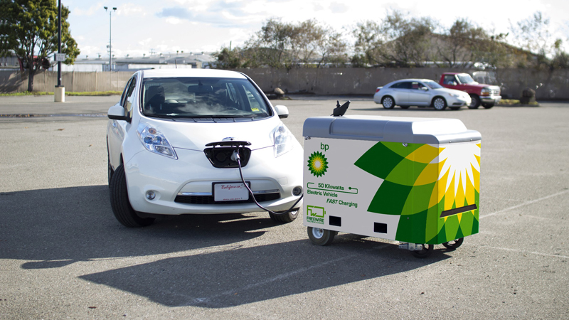 A BP/FreeWire charger charges a Nissan Leaf (Credit: BP/FreeWire)