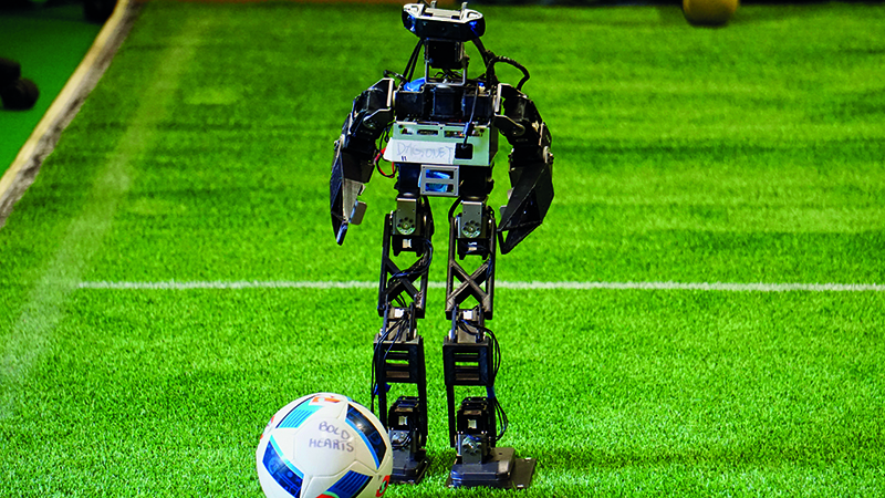 The Dagonet is an adapted version of the DARwIn-OP robotic platform, a popular off-the-shelf choice for robot footballers (Credit: RoboCup)