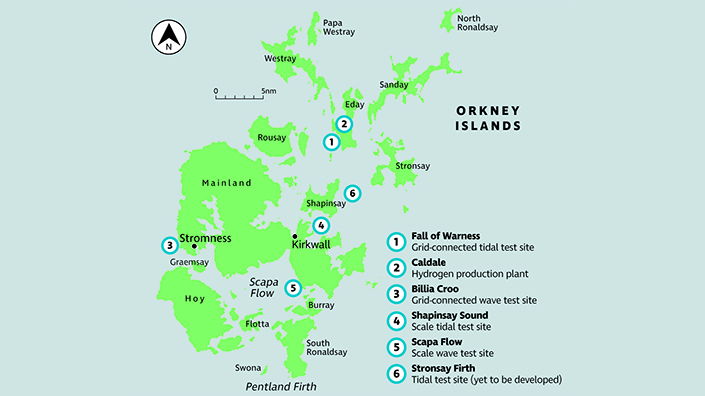 The location of the Emec test sites around Orkney