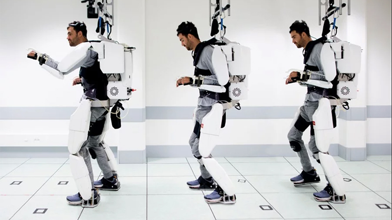 French patient Thibault moved the exoskeleton by controlling it with his mind (Credit: Juliette Treillet)