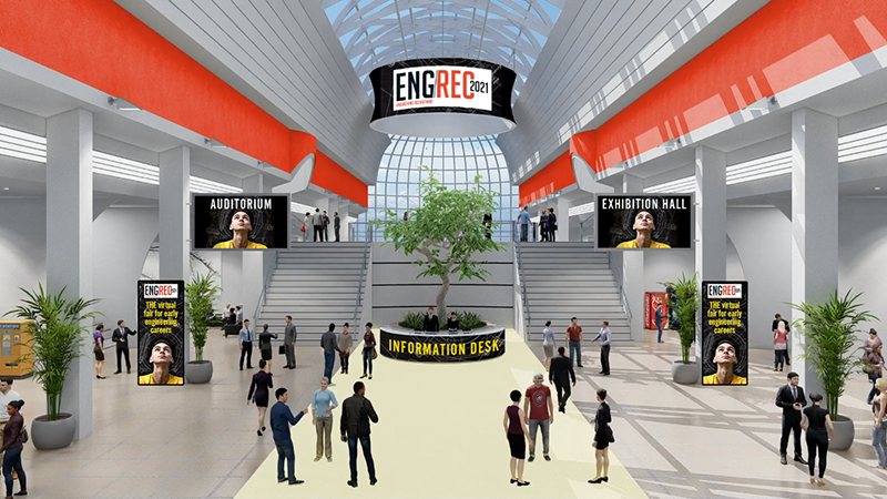 The hall at EngRec 2021, the virtual fair for early engineering careers