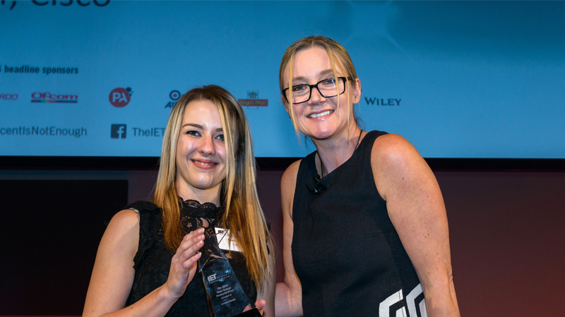 Gemma Dalziel (left) collects the IET Mary George Memorial Prize for Apprentices from host Kate Russell (right) at IET YWE 2016.