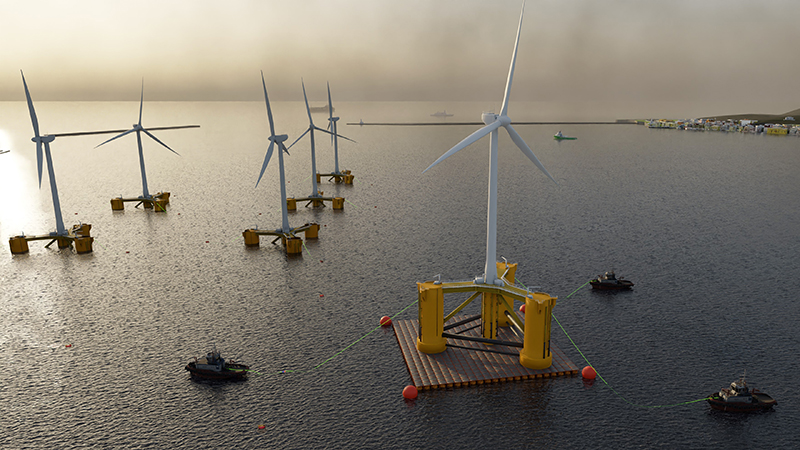 An artist's illustration of floating wind turbines prior to offshore deployment (Credit: Blackfish Engineering)