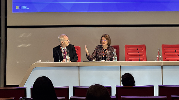 Dr Tim Fox and Baroness Brown of Cambridge speak on stage at the event