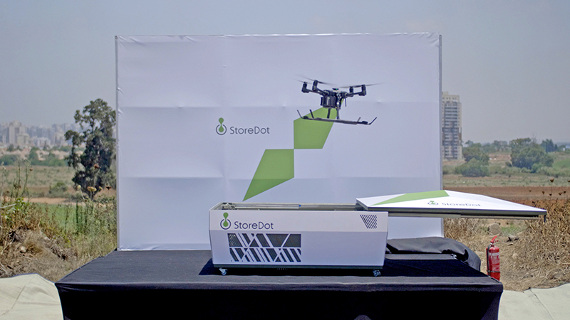 The drone takes off from its automatic charging station after a five-minute charge (Credit: StoreDot)