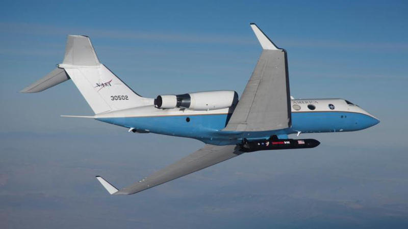 The Nasa C-20a flies with the GO-1TA testbed attached beneath (Credit: GO)