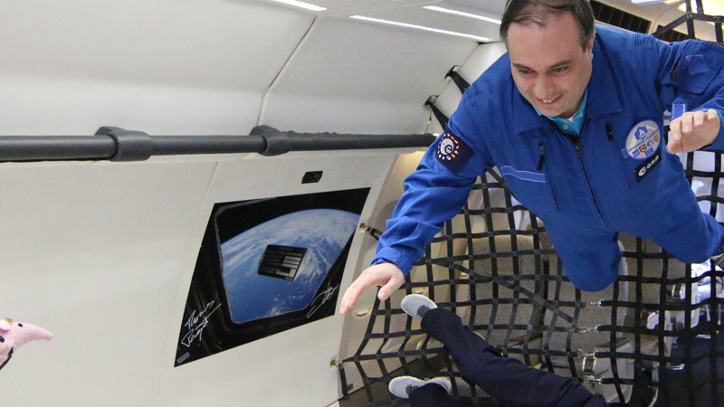 Andrea Ferrari floats during one of the zero-gravity flights (Credit: Graphene Flagship)