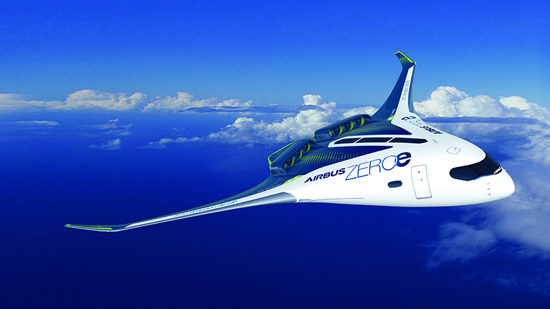 Zero E是空客混合翼概念飞机，采用混合氢涡轮风扇发动机和机翼下方的液氢储存罐