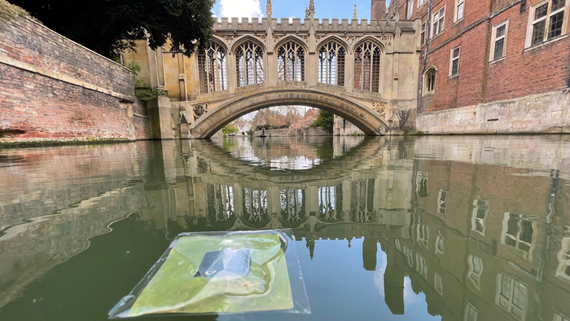 A floating artificial leaf that generates clean fuel from sunlight and water on the River Cam in Cambridge (Credit: Virgil Andrei)