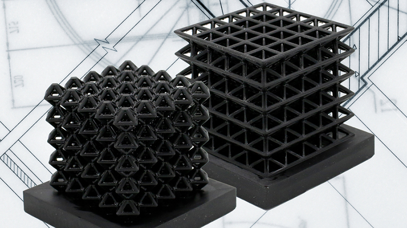 3D-printed crystalline lattice structures with air-filled channels, known as 'fluidic sensors', embedded into the structures (Credit: Courtesy of the researchers, edited by MIT News)