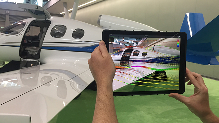 The AR application shows airflow over the Cirrus plane's wings in Vuforia Studio (Credit: Joseph Flaig)