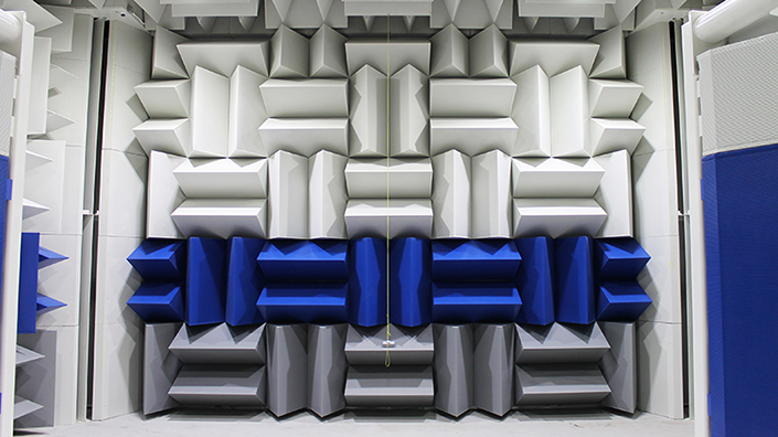 The blue and white cones of Saint-Gobain's anechoic chamber absorb sound energy and kill echoes 