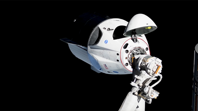 The SpaceX capsule docks to the ISS. It is now returning to Earth (Credit: NASA/ YouTube)