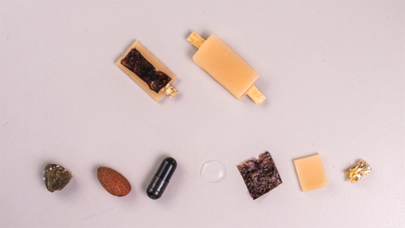 The edible batteries (top) are made from materials found in common foods, such as almonds (Credit: IIT-Istituto Italiano di Tecnologia)