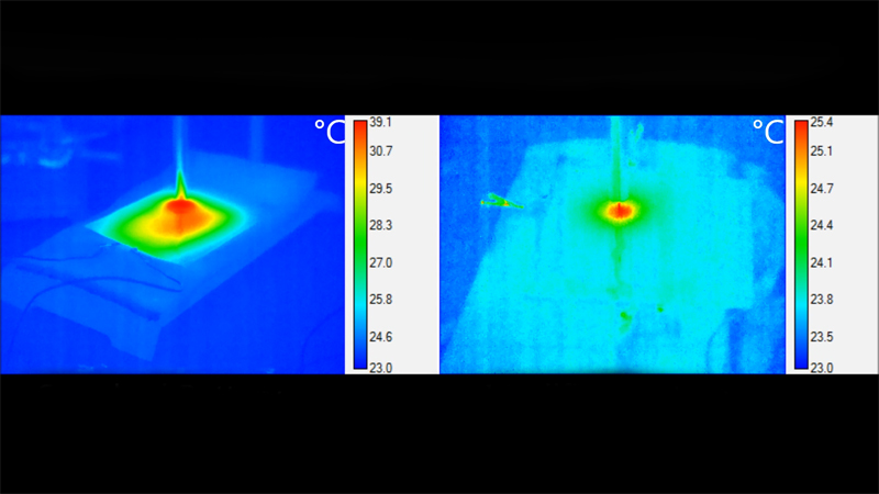 Infrared images show major damage to the standard battery (left) after being hit by a steel dart, while the modified  battery (right) is less affected (Credit: King's College London)