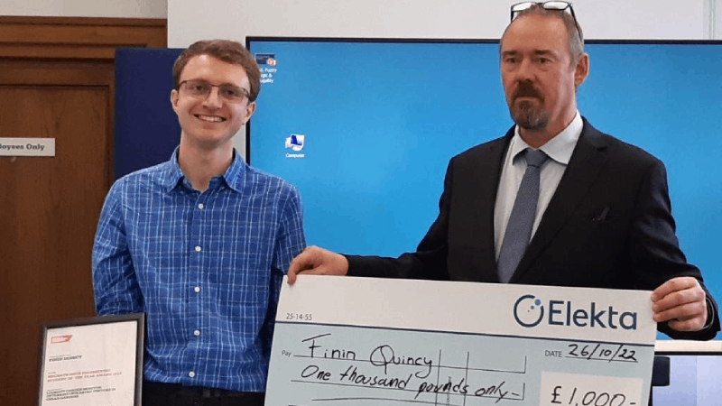 Winner Finin Quincey, University of Bath, with our sponsor Per Bergfjord, Head of Hardware Engineering, Global Engineering UK, Elekta Ltd